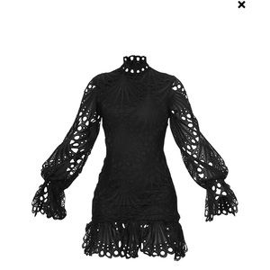 Black High Neck Lace Long Sleeve Frill Bodycon Dress sz L